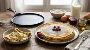 Crepes dolci con frutti di bosco e crepes salate su un tavolo rustico con ingredienti