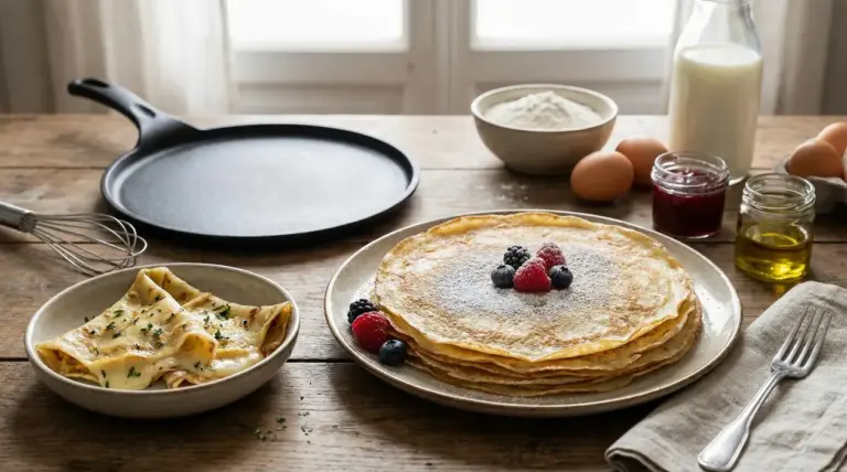Crepes dolci con frutti di bosco e crepes salate su un tavolo rustico con ingredienti