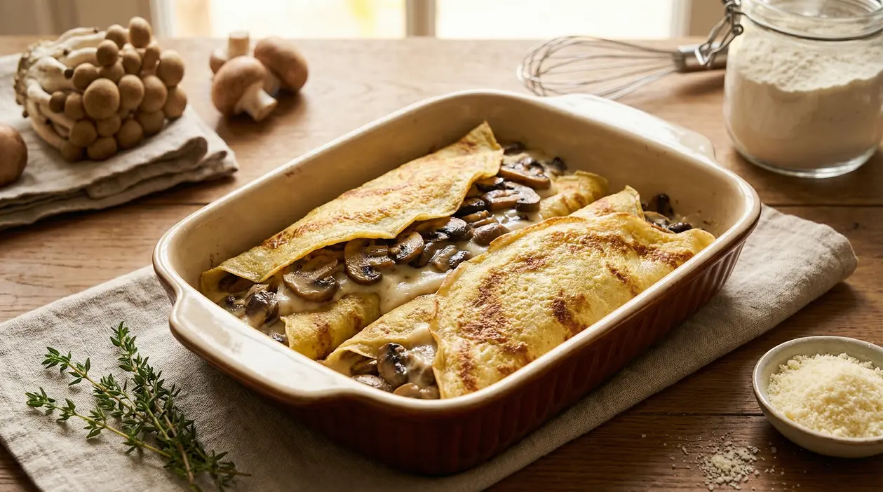 Crepes salate ripiene di funghi e besciamella in una teglia da forno