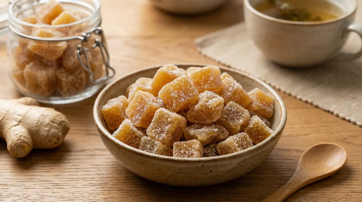 Ciotola con cubetti di zenzero candito accanto a radice di zenzero e tazza di tè su tavolo in legno