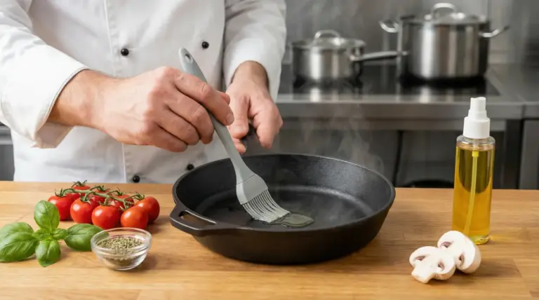 Persona in cucina spennella poco olio in una padella calda con ingredienti freschi sul piano di lavoro