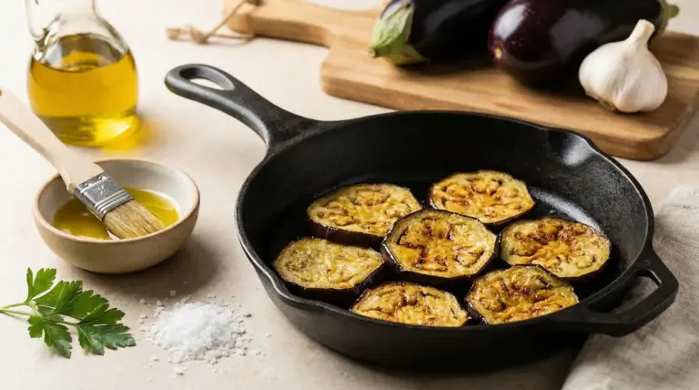 Fette di melanzane grigliate in padella di ghisa con olio, aglio e prezzemolo sul tavolo