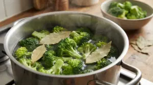 Broccoli che cuociono in acqua bollente con foglie di alloro in una pentola su fornello