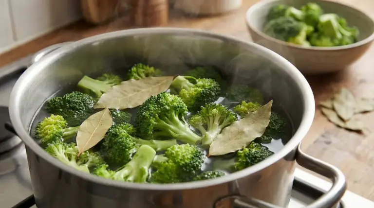 Broccoli che cuociono in acqua bollente con foglie di alloro in una pentola su fornello