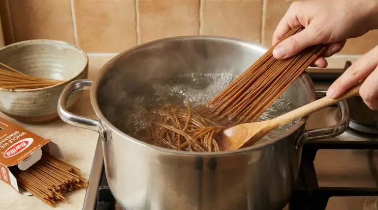 Una persona cuoce spaghetti integrali in una pentola d'acqua bollente su un fornello da cucina.