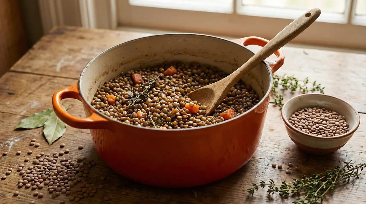 Pentola arancione con lenticchie cotte, carote e erbe aromatiche su un tavolo di legno