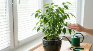 Persona pulisce le foglie di un ficus benjamin in vaso vicino a una finestra