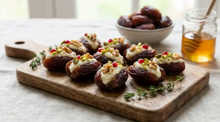 Datteri farciti con crema e frutta secca su un tagliere di legno