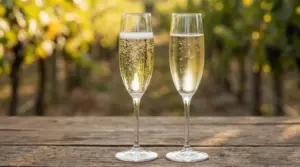 Due calici di vino spumante su un tavolo di legno con vigneto sullo sfondo