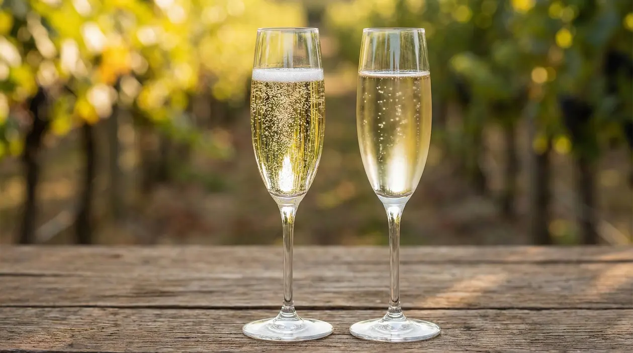 Due calici di vino spumante su un tavolo di legno con vigneto sullo sfondo