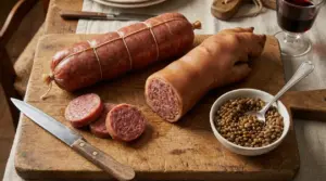 Cotechino e zampone affettati su un tagliere con contorno di lenticchie