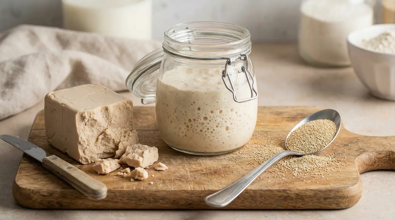 Tre tipi di lievito su un tagliere: fresco, madre in barattolo e secco in un cucchiaio