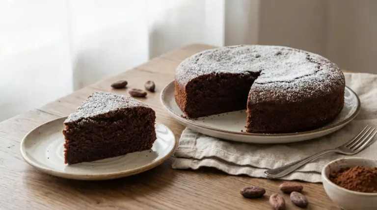 Fetta di torta al cioccolato soffice servita su piattino accanto al dolce intero spolverato di zucchero a velo