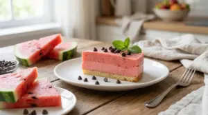 Fetta di dolce all’anguria con gocce di cioccolato su piatto bianco