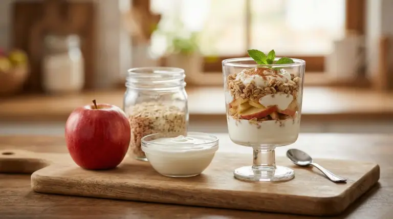 Dessert veloce con yogurt, mela a fette e cereali in bicchiere su tagliere di legno