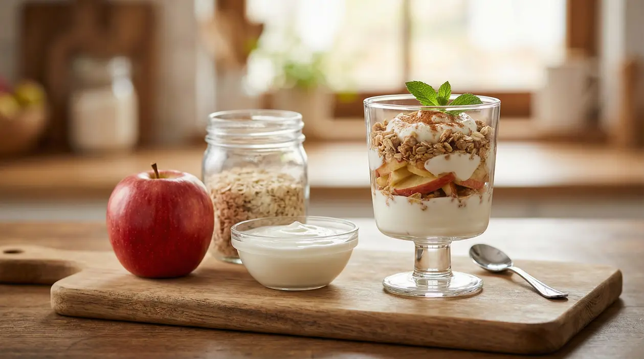 Dessert veloce con yogurt, mela a fette e cereali in bicchiere su tagliere di legno