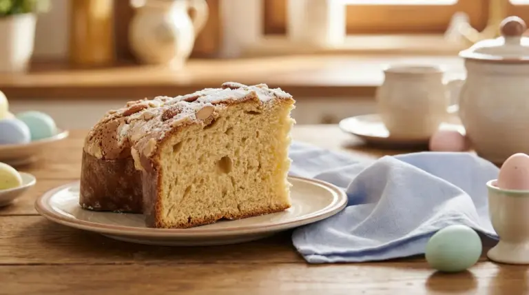 Fetta di dolce pasquale toscano con mandorle e zucchero a velo su un piatto di ceramica