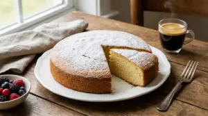 Torta soffice spolverata di zucchero a velo su un piatto bianco, con una fetta tagliata
