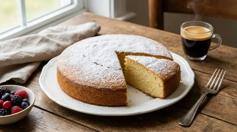 Torta soffice spolverata di zucchero a velo su un piatto bianco, con una fetta tagliata