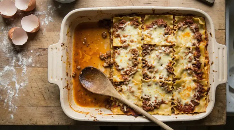 Una teglia di lasagne al ragù parzialmente servite su un tagliere di legno
