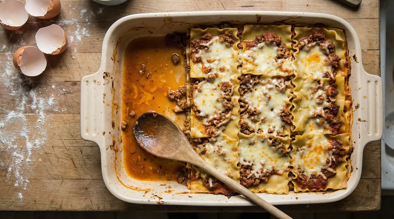 Una teglia di lasagne al ragù parzialmente servite su un tagliere di legno