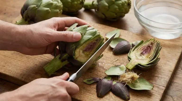 Mani che tagliano un carciofo su un tagliere di legno con altri carciofi sullo sfondo