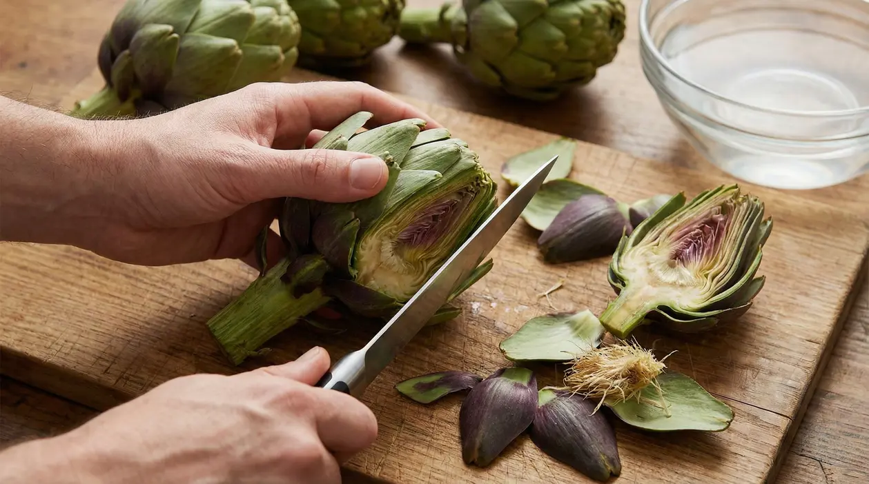 Mani che tagliano un carciofo su un tagliere di legno con altri carciofi sullo sfondo
