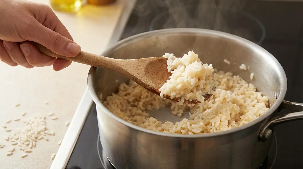 Riso cotto in una pentola mescolato con un cucchiaio di legno su un fornello