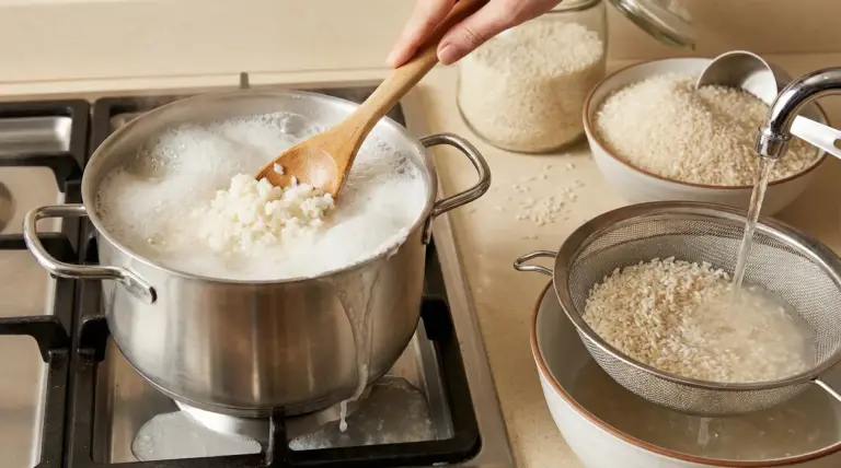 Cottura del riso in una pentola con acqua che bolle e riso scolato in un colino