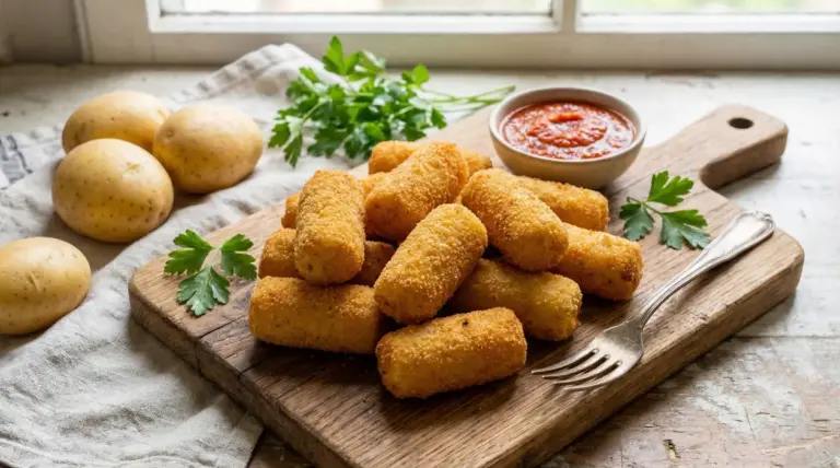 Crocchette di patate dorate servite su un tagliere con salsa rossa e prezzemolo fresco
