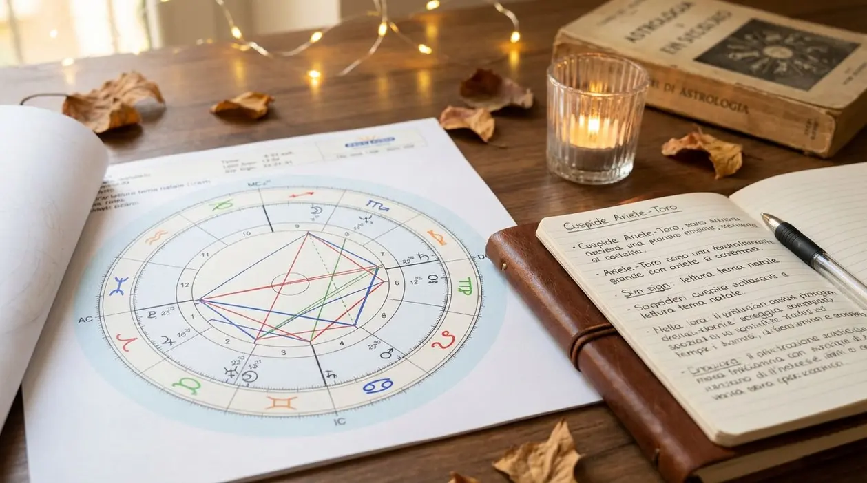Carta astrologica e appunti su un quaderno, con una candela accesa su un tavolo di legno
