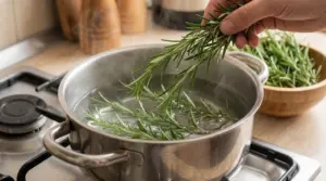 Mano che inserisce rametti di rosmarino in una pentola d'acqua bollente su un fornello