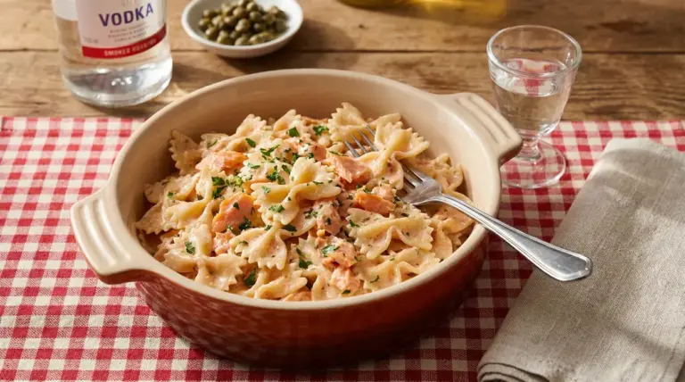 Piatto di farfalle al salmone affumicato con crema alla vodka, servito in ciotola di ceramica