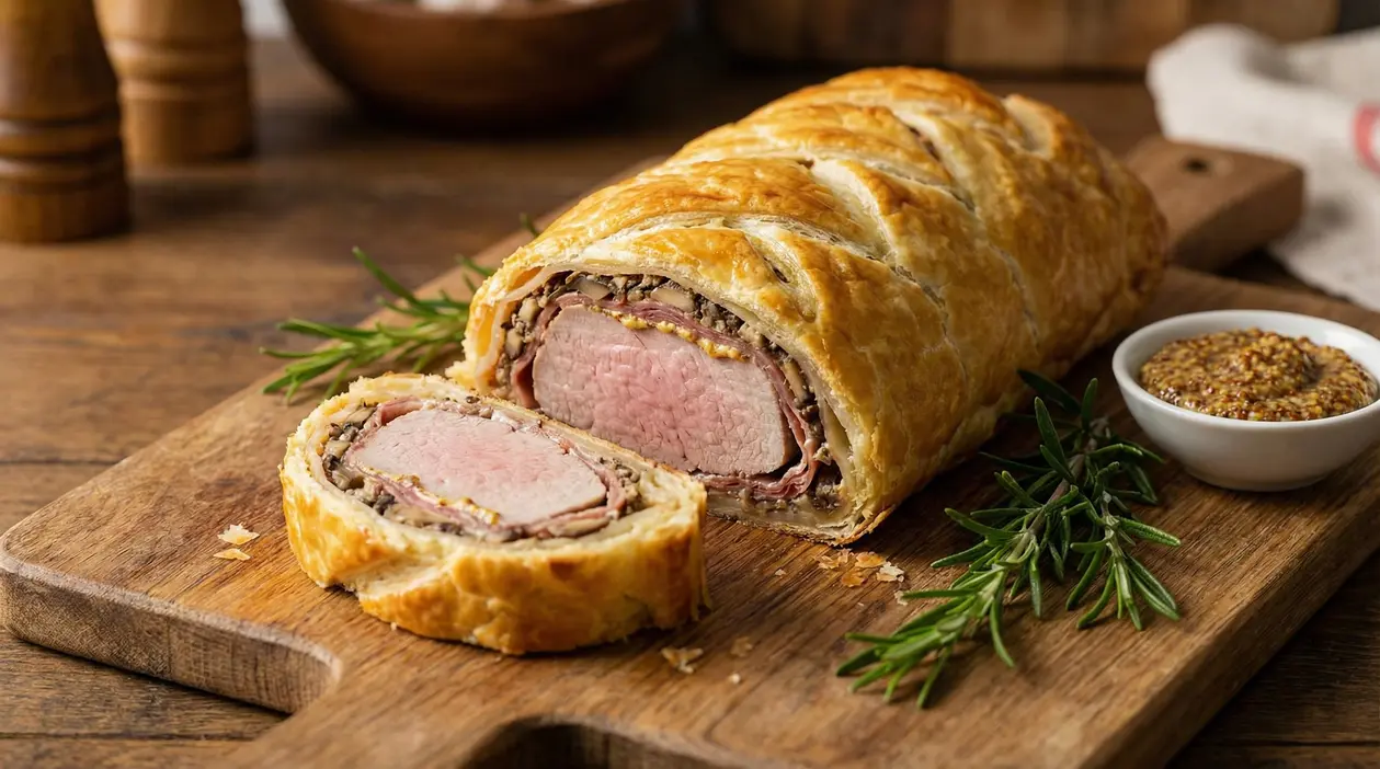 Filetto di maiale in crosta con senape e pasta sfoglia su tagliere di legno