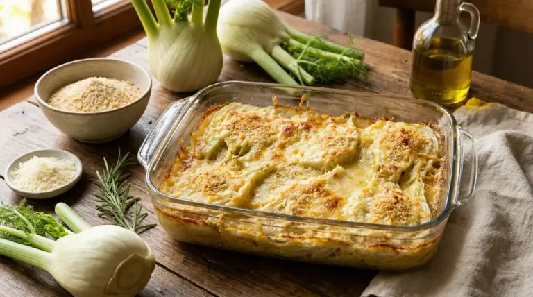 Teglia di finocchi al forno gratinati su un tavolo rustico con ingredienti freschi