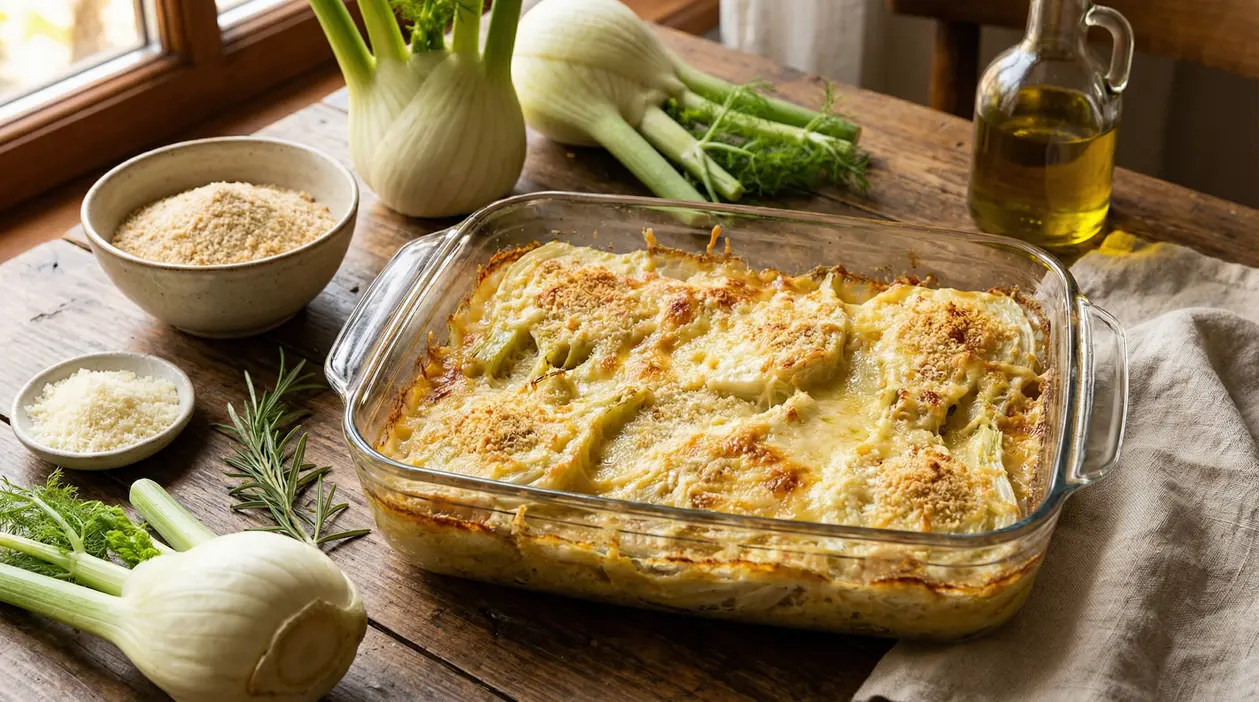 Teglia di finocchi al forno gratinati su un tavolo rustico con ingredienti freschi