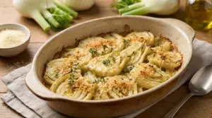 Finocchi al forno gratinati in una teglia con pangrattato ed erbe aromatiche