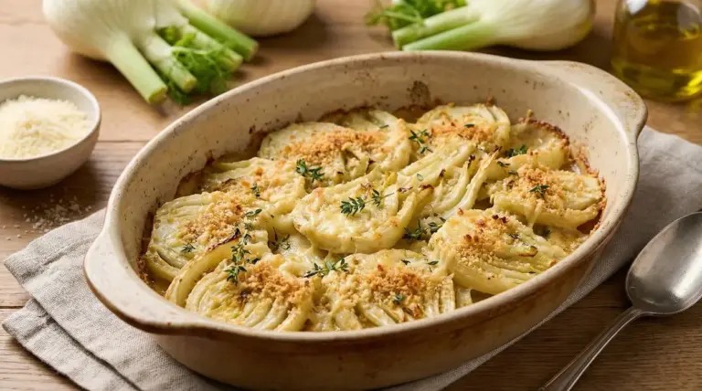 Finocchi al forno gratinati in una teglia con pangrattato ed erbe aromatiche