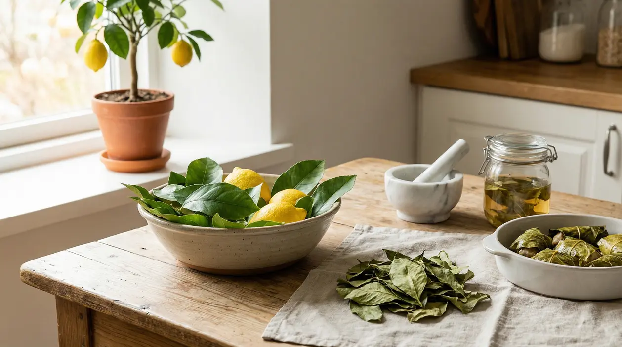 Foglie di limone fresche e secche su un tavolo in cucina con limoni, piatto di involtini e barattolo di infuso