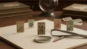 Francobolli italiani storici esposti su un album con lente e pinzette