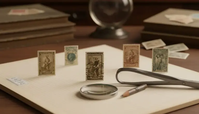 Francobolli italiani storici esposti su un album con lente e pinzette