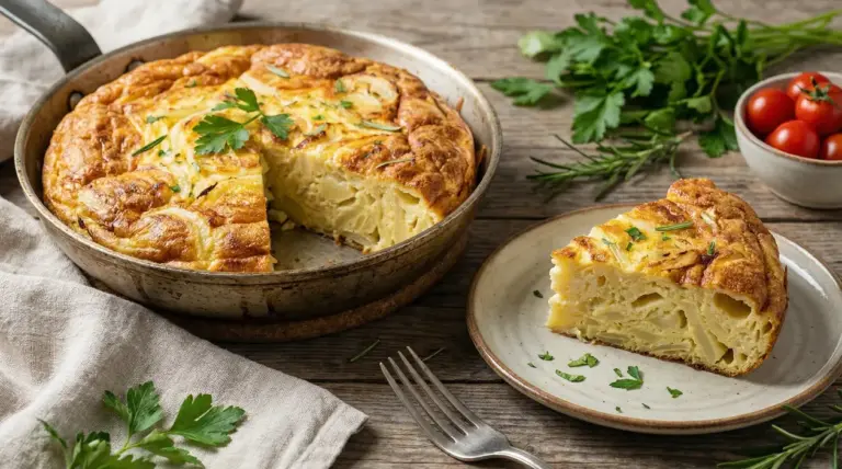 Frittata alta e soffice in padella con una fetta servita su un piatto