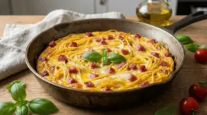 Frittata di spaghetti napoletana cotta in padella con dadini di salame e foglie di basilico fresco