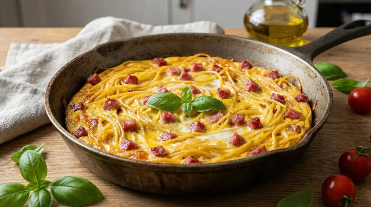 Frittata di spaghetti napoletana cotta in padella con dadini di salame e foglie di basilico fresco