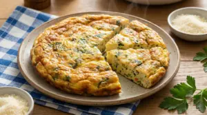 Frittata alta e soffice con verdure servita su un piatto di ceramica