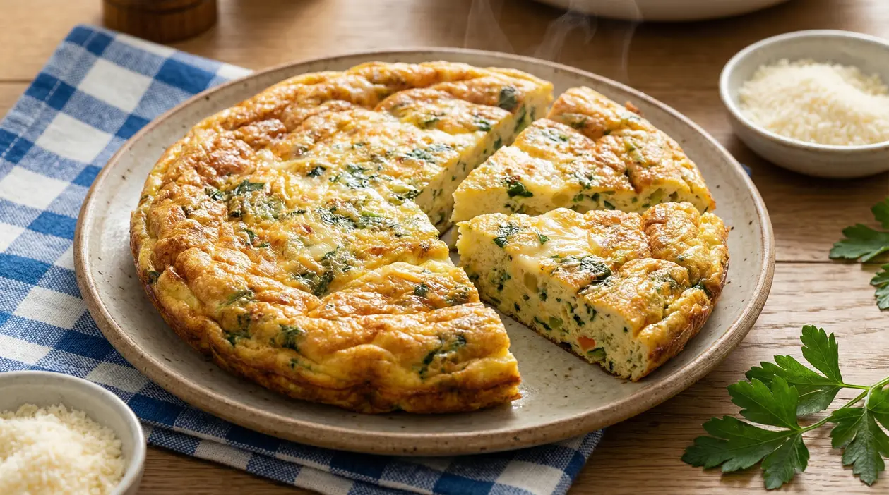 Frittata alta e soffice con verdure servita su un piatto di ceramica