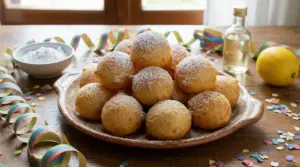 Frittelle di Carnevale soffici e dorate spolverate con zucchero a velo su un piatto di ceramica