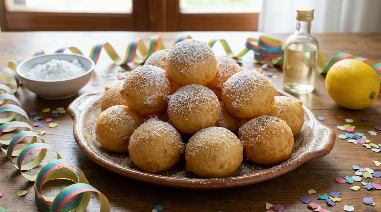 Frittelle di Carnevale soffici e dorate spolverate con zucchero a velo su un piatto di ceramica