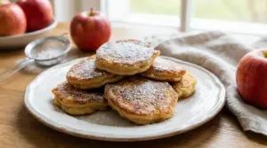 Frittelle di mele cotte al forno su un piatto, spolverate con zucchero a velo