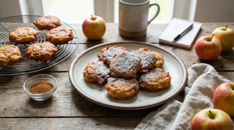 Frittelle di mele leggere spolverate di zucchero a velo su un piatto di ceramica